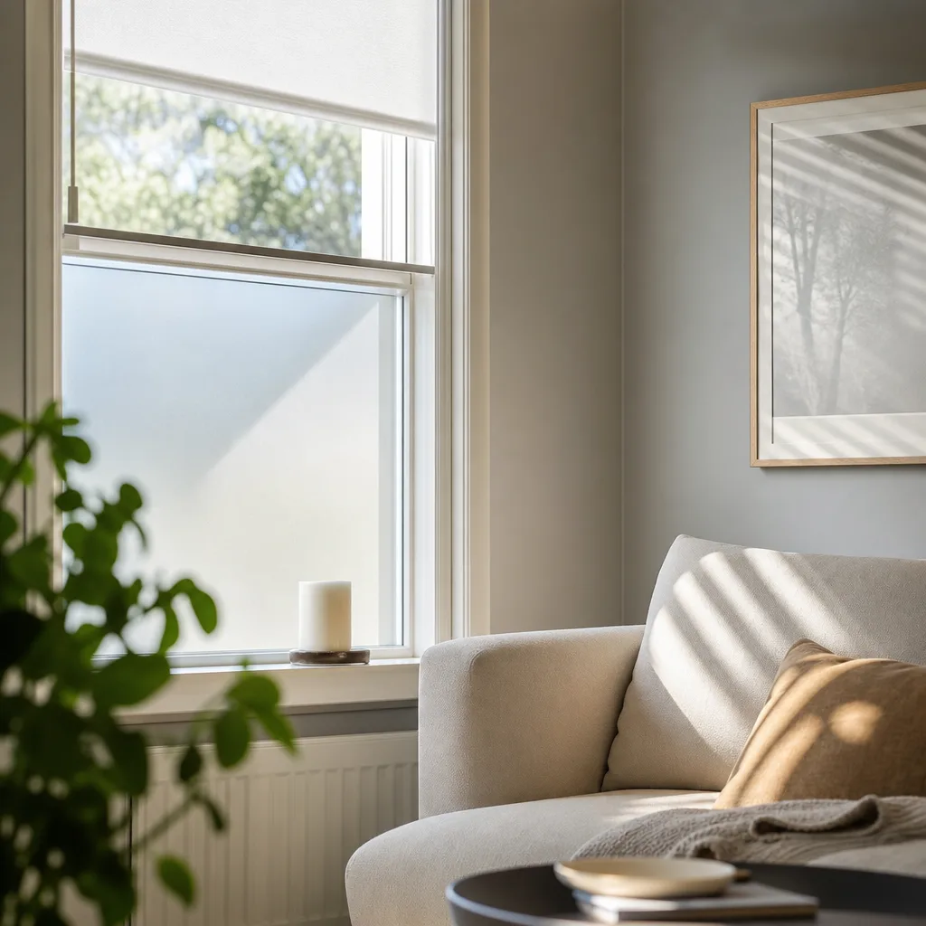 Fönster nära en inramad tavla och en soffa med diskret fönsterfilm som dämpar solljuset
