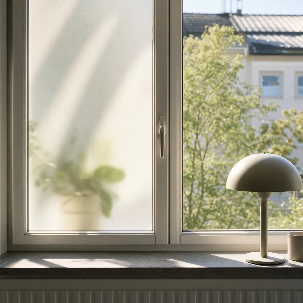 Närbild på ett fönster där halva rutan har frostad fönsterfilm och halva är klart glas, med dagsljus som silar in