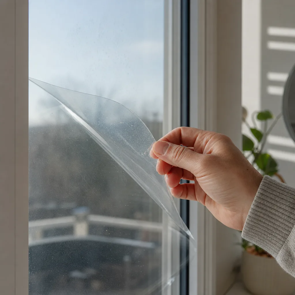 En hand lyfter försiktigt loss ett hörn av genomskinlig fönsterfilm från en glasruta.