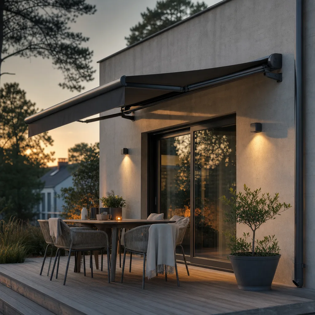Terrassmarkis fäst i en slät betongfasad på en modern villa