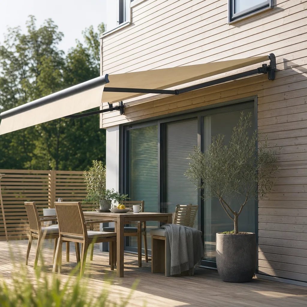 Terrassmarkis monterad på en träpanelfasad med uteplats i skugga