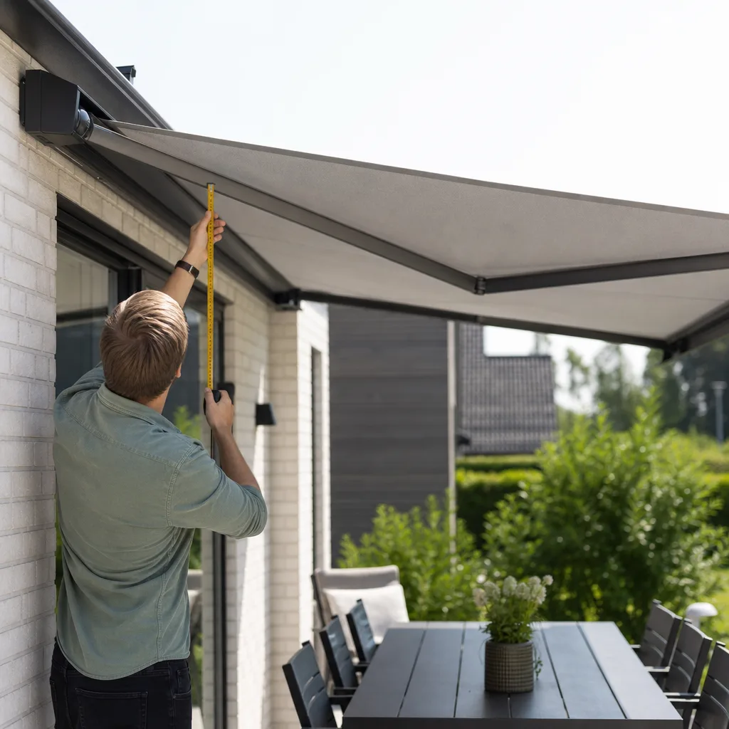 En person mäter fasadbredd och utfallsdjup för en terrassmarkis ovanför en uteplats med matbord
