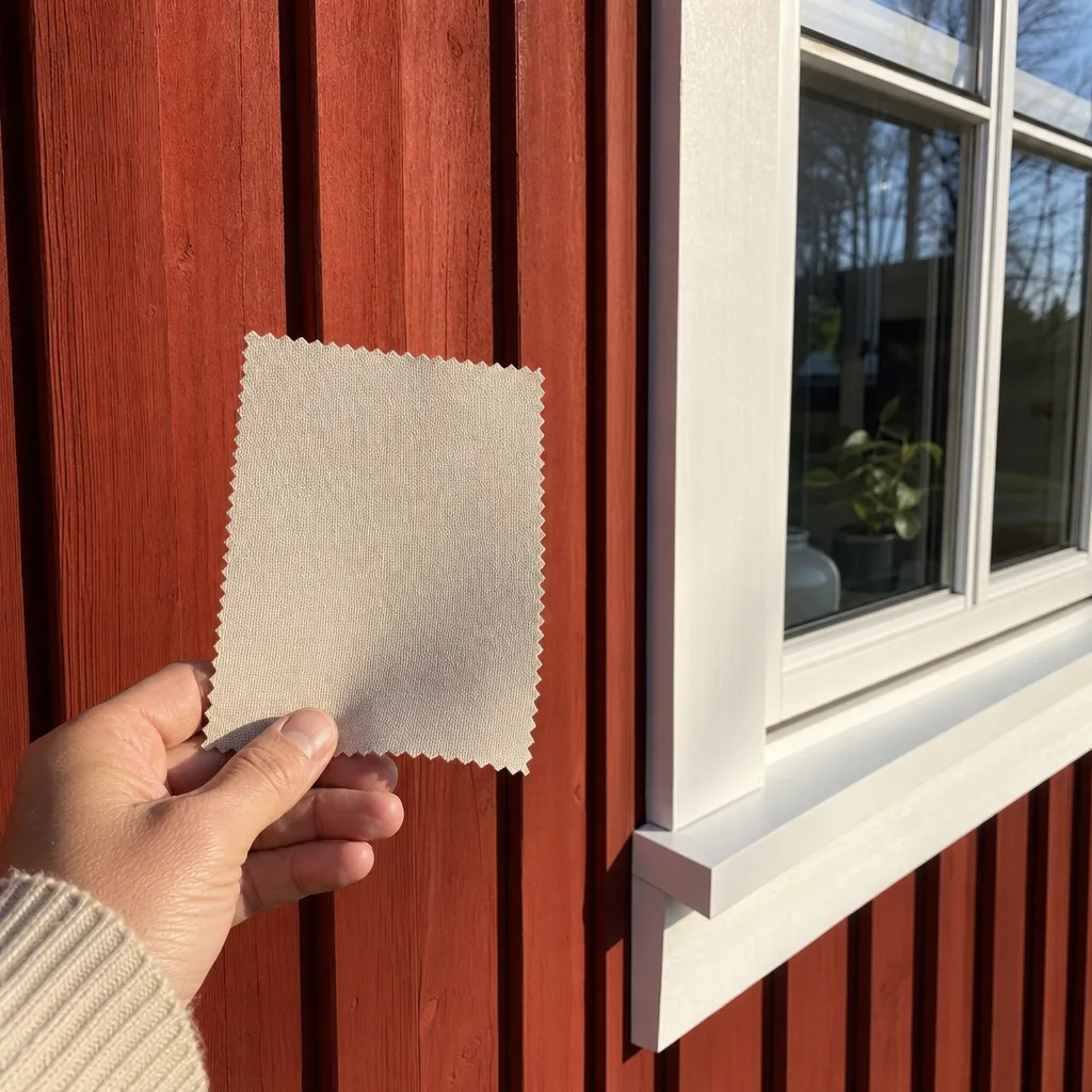 En provbit markisväv hålls mot en rödmålad fasad med vita fönsterknutar i dagsljus