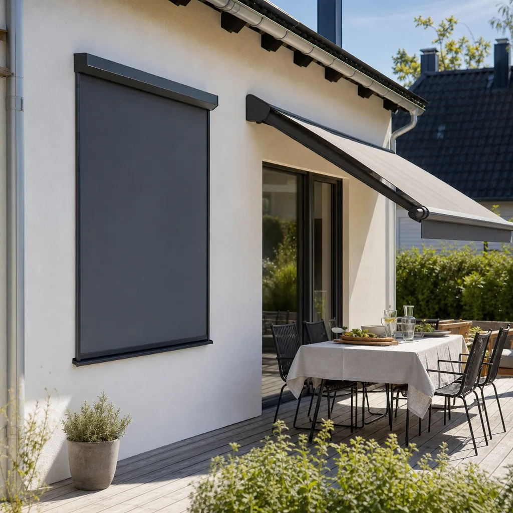 En ZIP-screen monterad platt mot en fasad bredvid en terrassmarkis som skjuter ut med sitt utfall över ett matbord