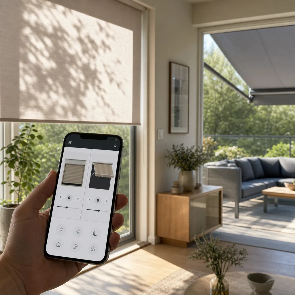 Mobiltelefon med två olika appar för smart hem bredvid en motoriserad rullgardin och en motoriserad markis