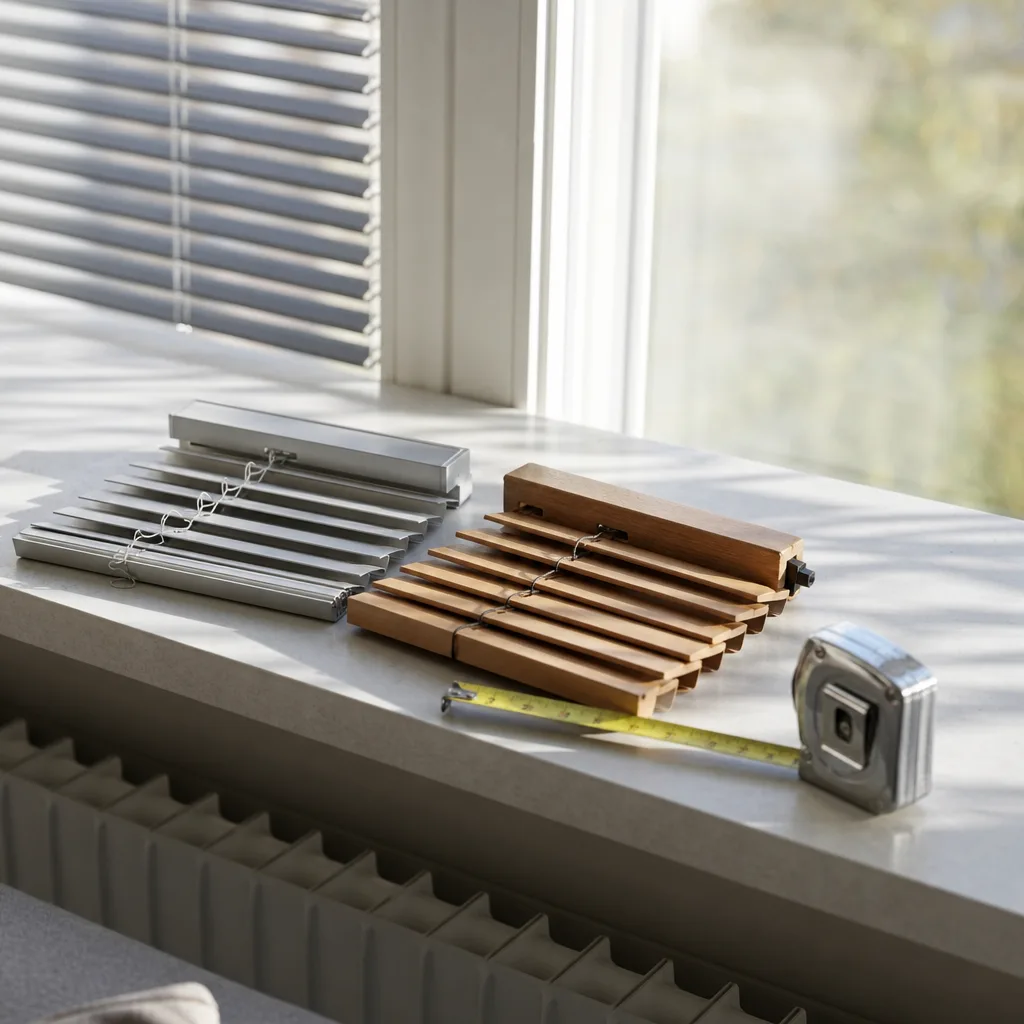 Ett måttband liggande bredvid ett persiennprov i aluminium och ett i trä på en fönsterbräda