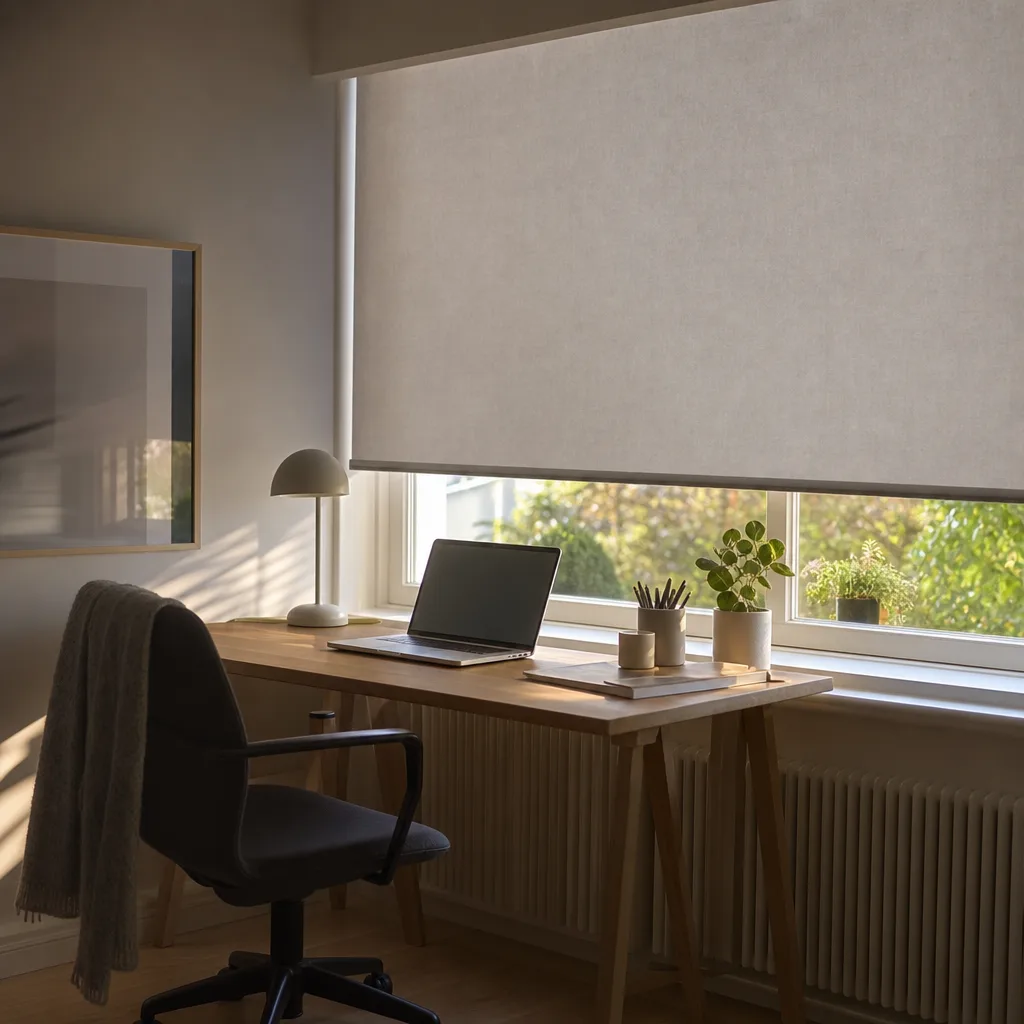 Hemmakontor med skrivbord vid fönstret och en ljusfiltrerande rullgardin nerdragen till skärmens höjd för att dämpa reflexer