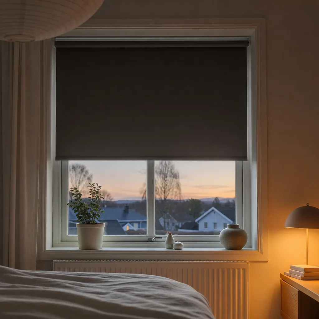 Sovrumsfönster i skymning med en mörk rullgardin halvvägs nerdragen och en varm sänglampa i bakgrunden