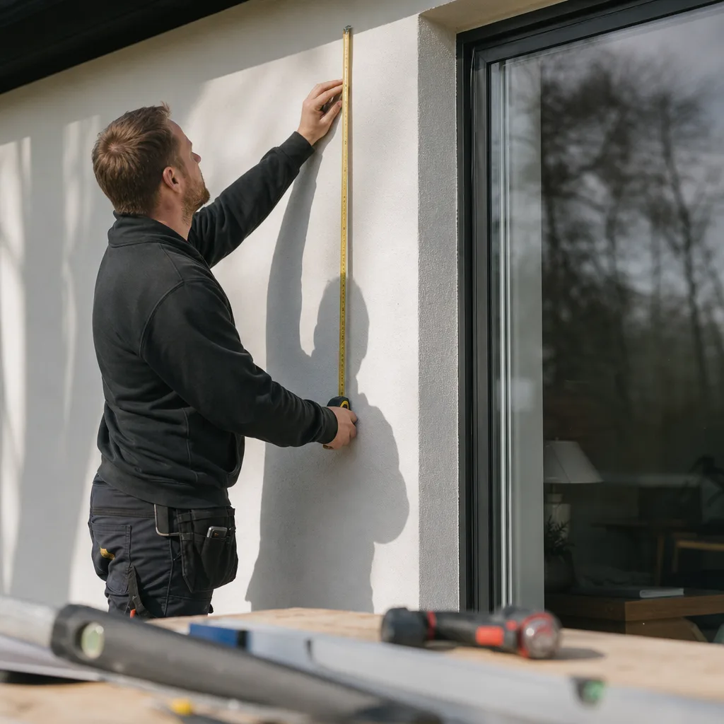 Montör mäter en fasad med måttband inför montering av en vertikal screen