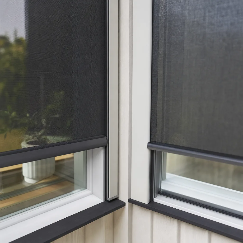Närbild på en zip-screens väv som löper i en sidoskena jämfört med en vanlig screens fria kant på ett svenskt hus